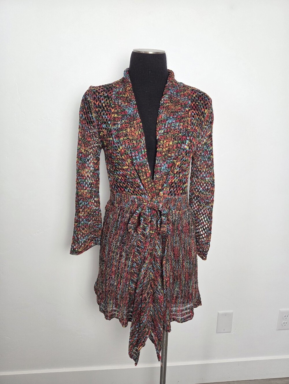 Neslay Paris Colorful Sheer Loose Knit Cardigan Sweater Longline Multicolor M/L